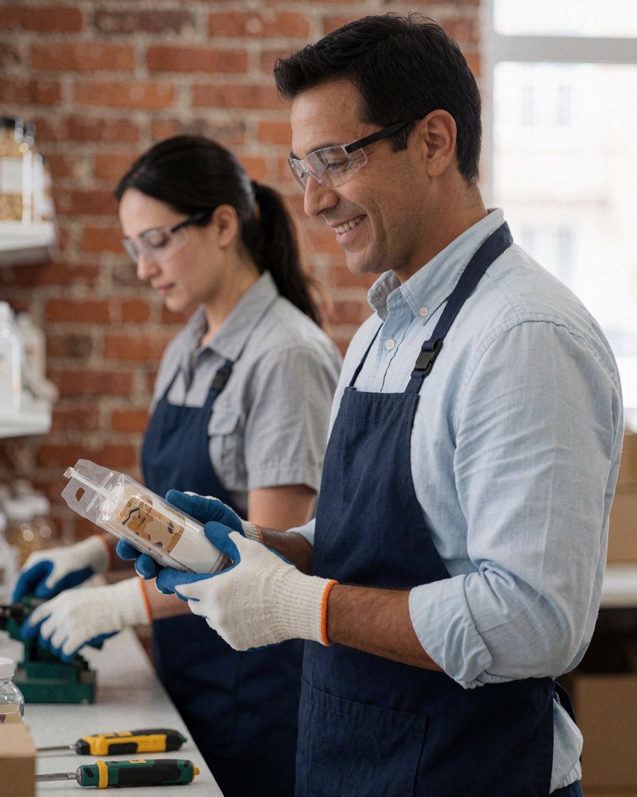 Two workers wearing safety glasses in a workshop with a brick wall, one holding a packaged product and the other working with tools on a table.