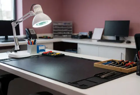 Computer repair workbench featuring a black anti-static mat, magnifying lamp, and organized tools in a wooden box