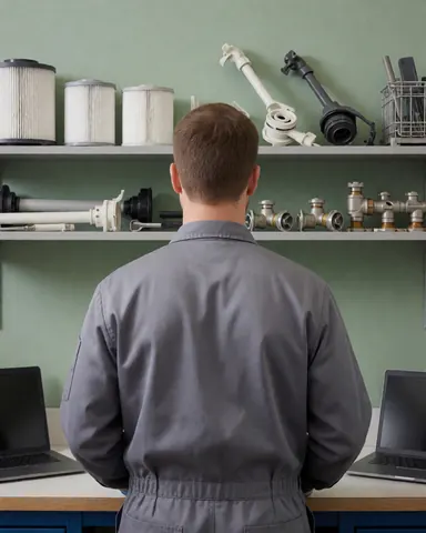 Appliance repair technician standing in workshop facing shelves with organized dishwasher filters, valves, and parts