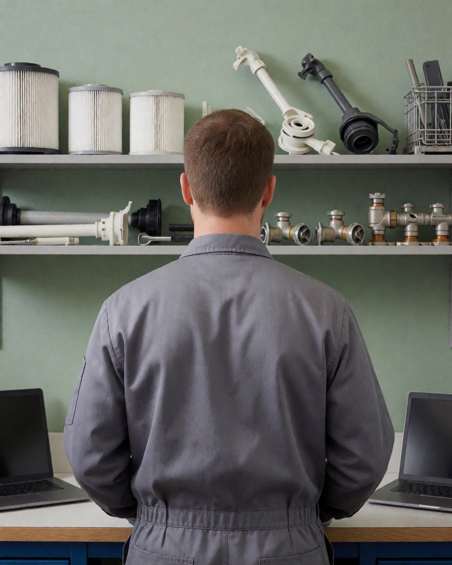 Appliance repair technician standing in workshop facing shelves with organized dishwasher filters, valves, and parts