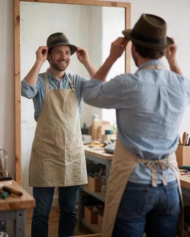 A man wearing an apron tries on a cap while looking in a mirror inside a carpentry workshop with tools visible in the background