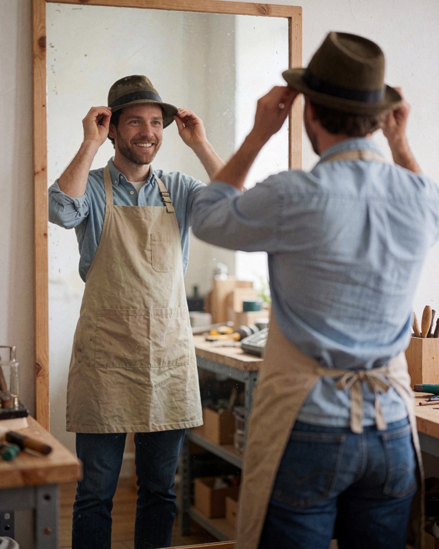 A man wearing an apron tries on a cap while looking in a mirror inside a carpentry workshop with tools visible in the background