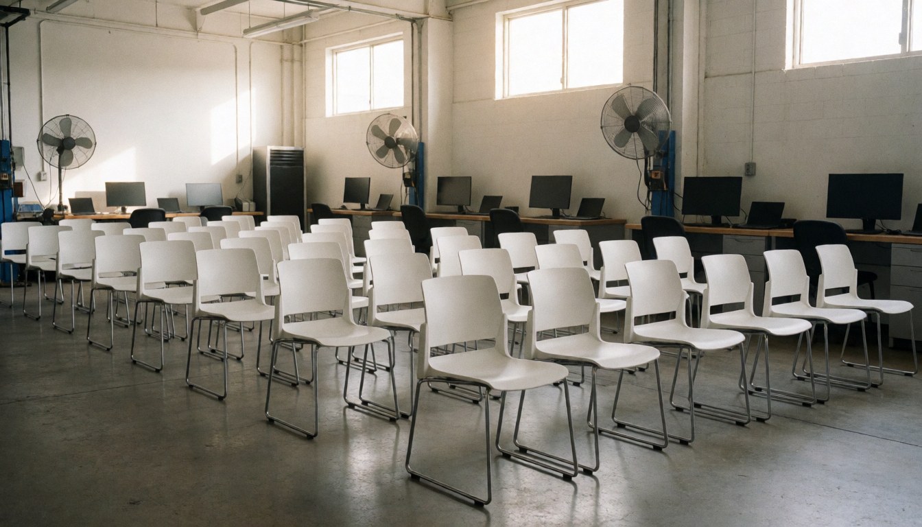 Stacked white chairs in a computer room with fans and natural light, ideal for furniture rental text backgrounds