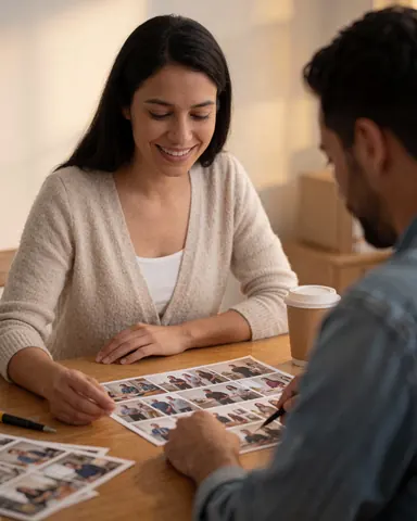 A smiling woman reviews printed photos with a man at a wooden table with coffee and warm light in a photography business.