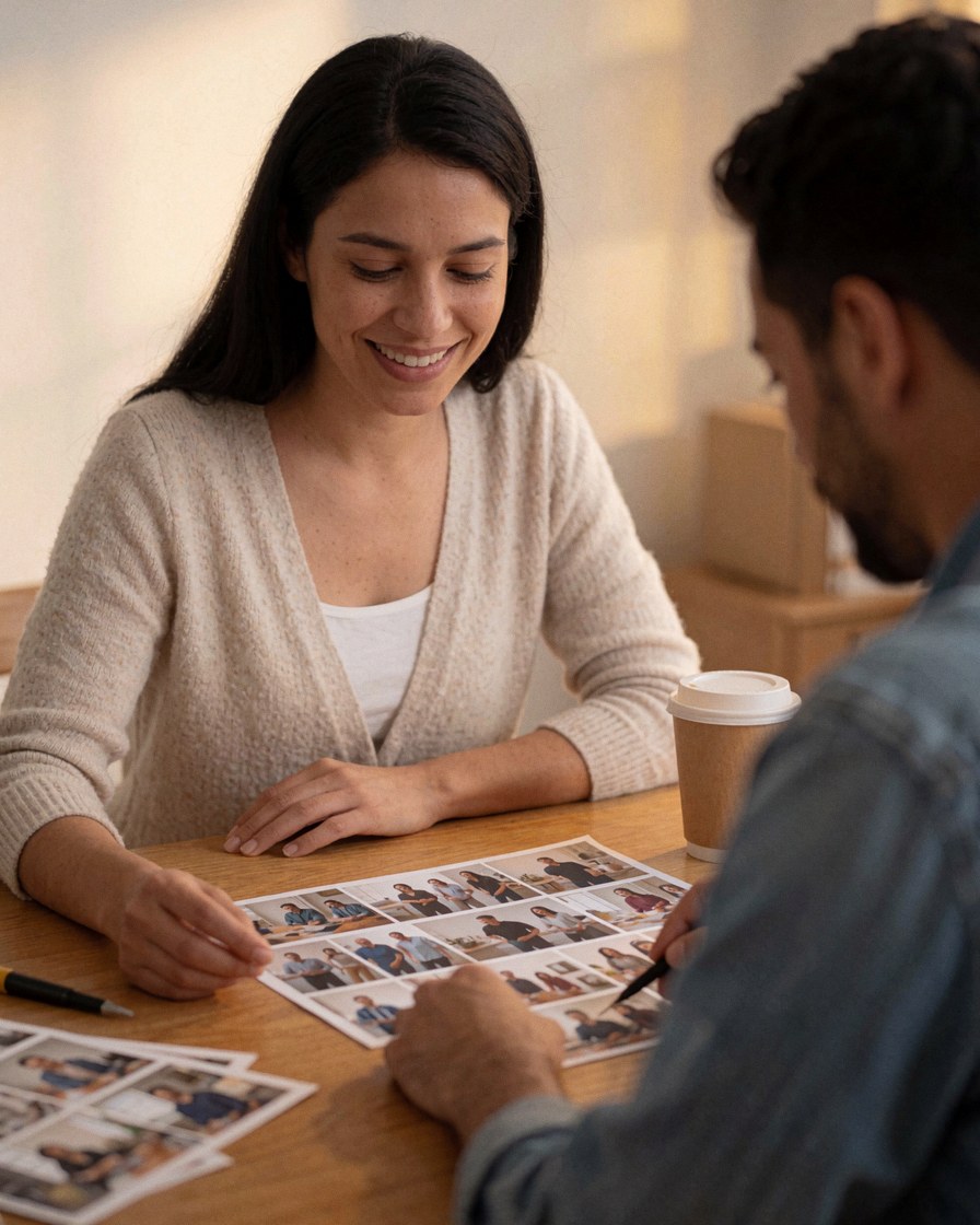 A smiling woman reviews printed photos with a man at a wooden table with coffee and warm light in a photography business.