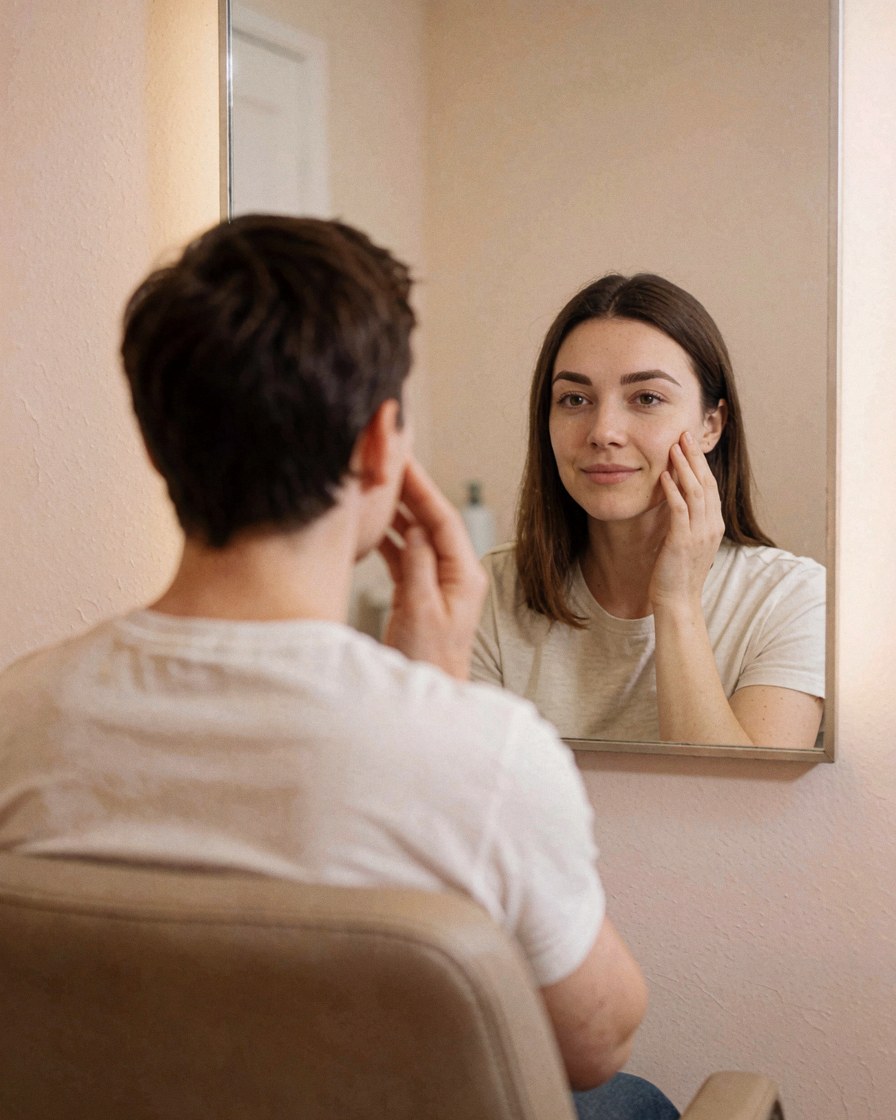 A happy customer admires her makeup in a mirror, touching her cheek in a salon with beige walls and natural light.