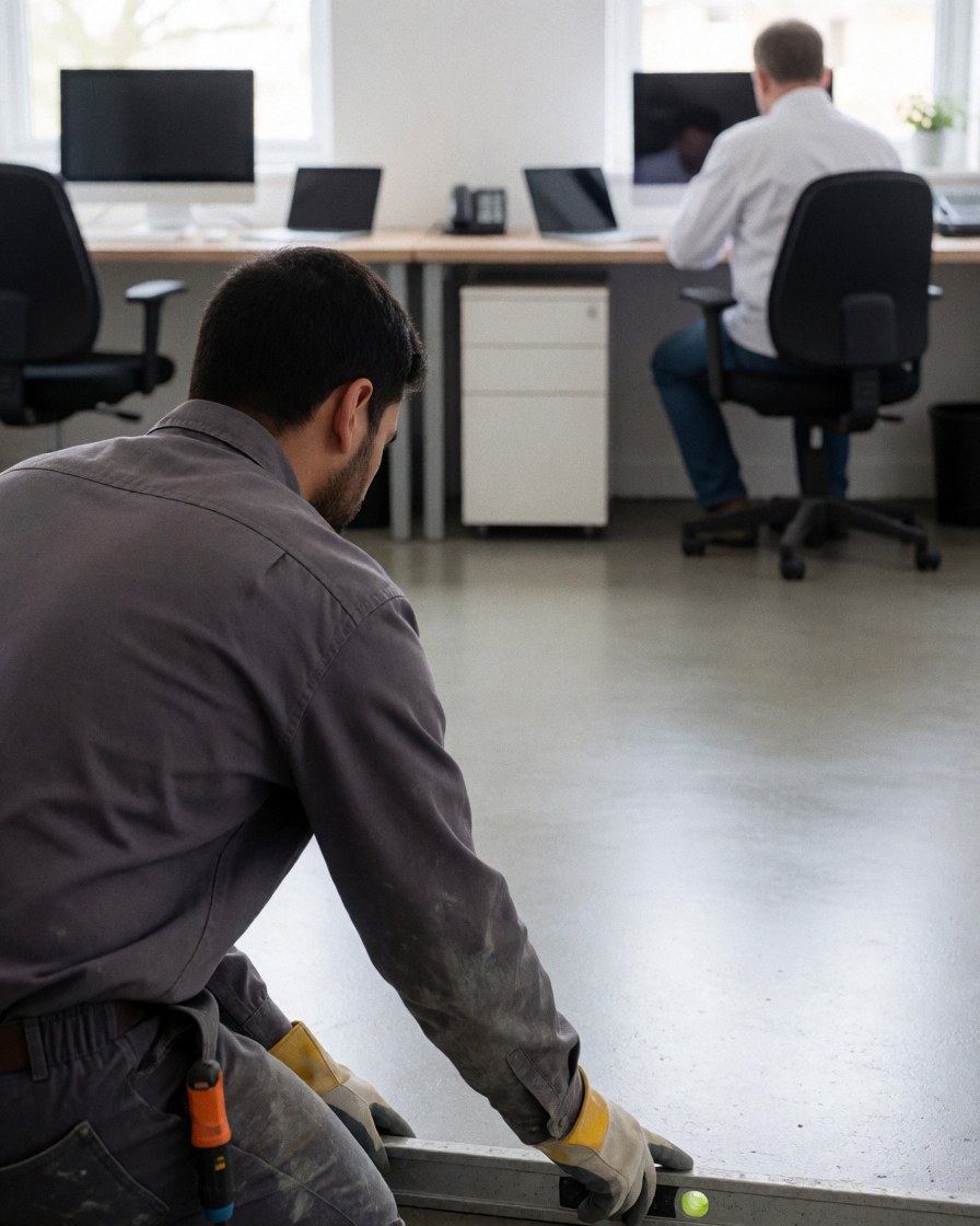 A bricklayer wearing gloves uses a level to measure a gray concrete floor in a modern office with natural light.