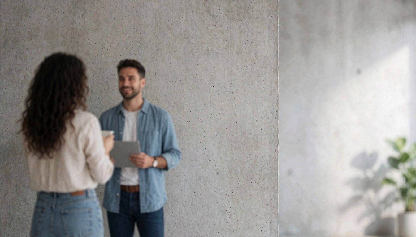 Gray concrete wall background with natural light and empty space on the right for text, suitable for business use