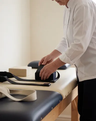 A yoga professional organizes yoga blocks and straps on a table in a clean, well-lit space with warm walls.