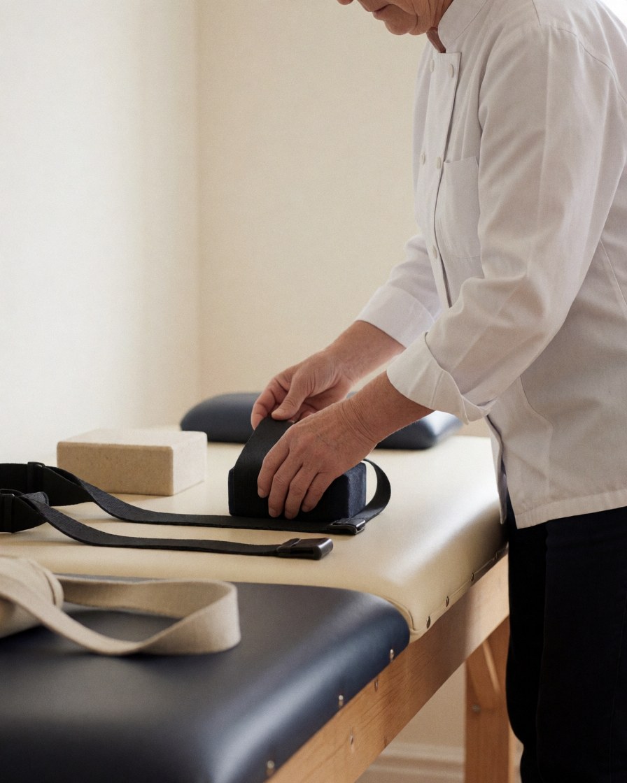 A yoga professional organizes yoga blocks and straps on a table in a clean, well-lit space with warm walls.