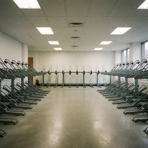 Empty indoor bicycle parking area featuring metal racks on a concrete floor with overhead lighting, suitable for commercial backgrounds