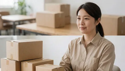 A smiling woman stands among stacked cardboard boxes in a modern office setting, suitable for logistics and shipping businesses.