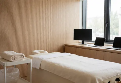 A clean massage therapy room featuring prepared beds, folded towels, and wooden walls, ideal for wellness centers and spas.