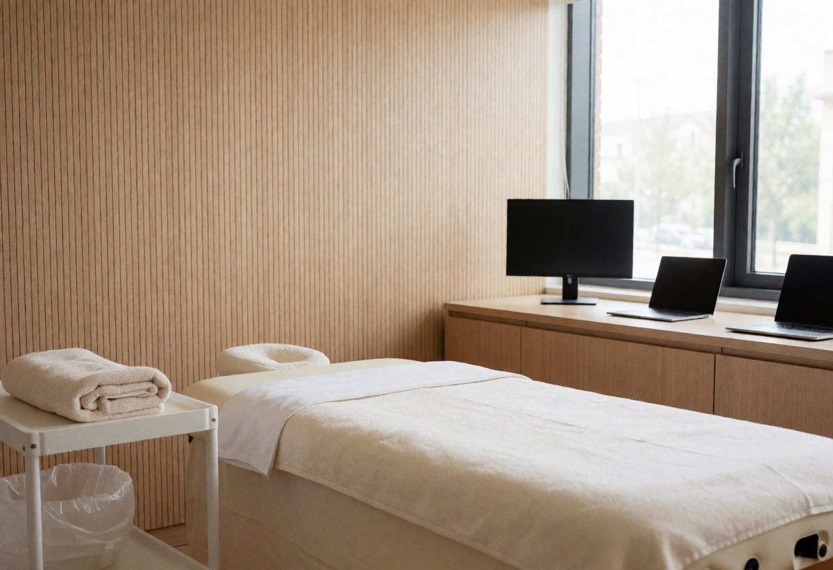 A clean massage therapy room featuring prepared beds, folded towels, and wooden walls, ideal for wellness centers and spas.