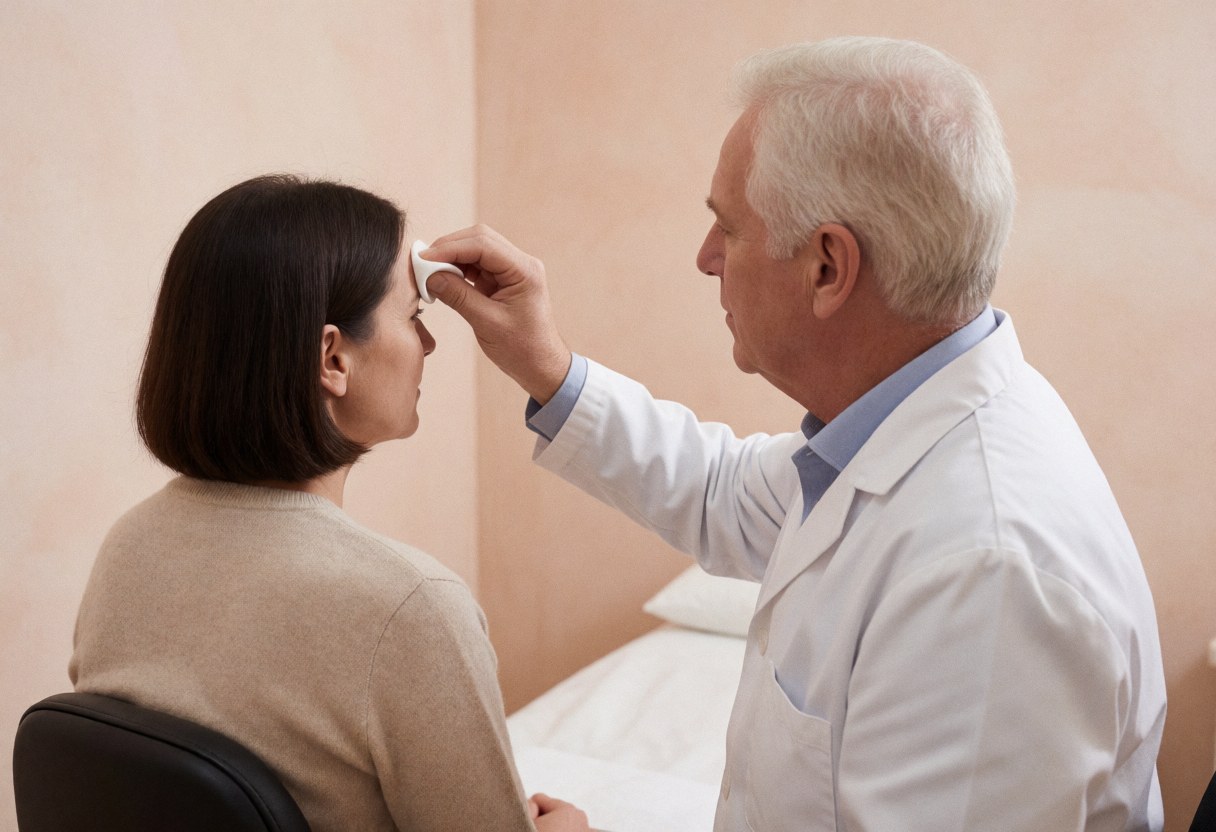 A professional applies a solution using a cotton pad on a client's forehead during a skin treatment in a clean clinical setting