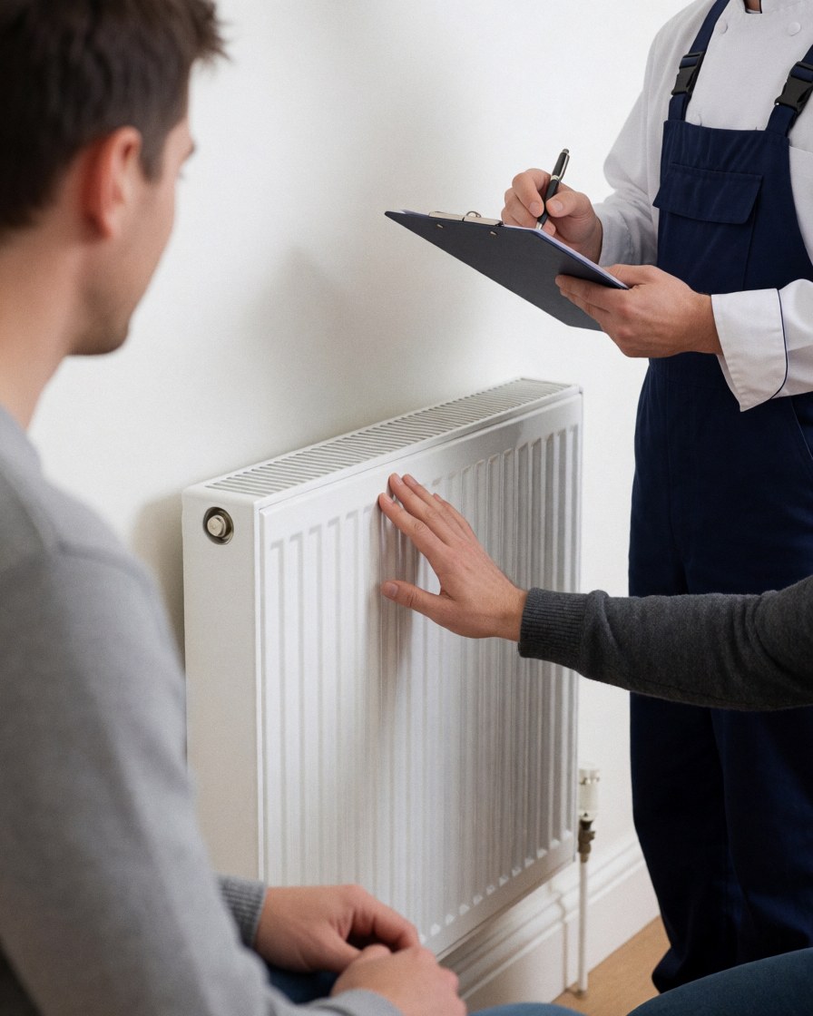 Satisfied client touching newly installed white radiator while technician reviews work with portfolio against clean white wall