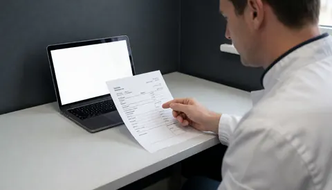 Technician reviewing fan repair invoice on clean desk with gray walls and open laptop nearby