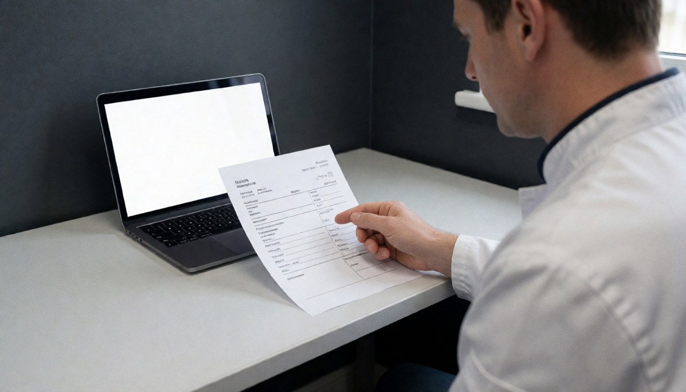 Technician reviewing fan repair invoice on clean desk with gray walls and open laptop nearby