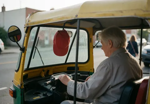 An older driver operates a yellow moto-taxi on a quiet street, with a red cap hanging from the mirror under soft morning light.