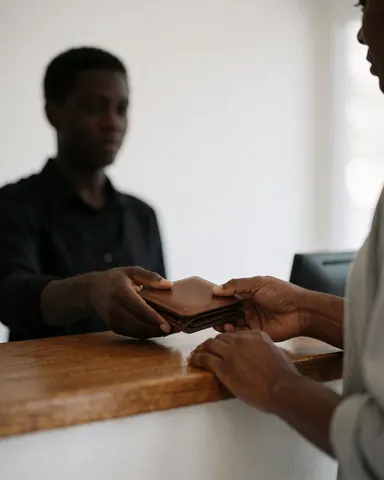 Close-up of hands exchanging a leather wallet on a polished wooden table with a blurred background, suitable for reception or office services