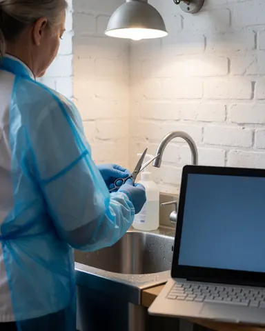 Stylist wearing gloves and blue apron washing scissors in stainless steel sink with disinfectant and white brick wall