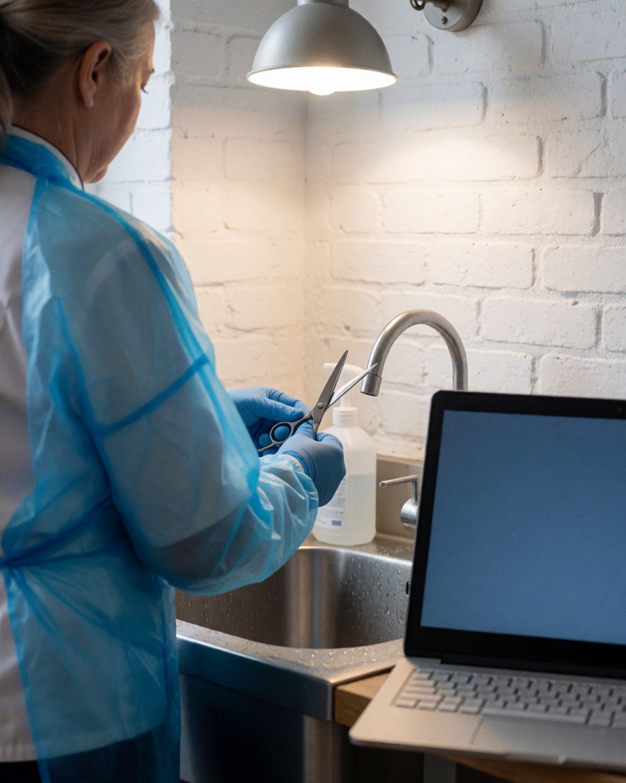 Stylist wearing gloves and blue apron washing scissors in stainless steel sink with disinfectant and white brick wall