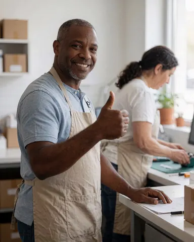 A man wearing an apron smiles and gives a thumbs up gesture while working at a computer in a modern office with windows.