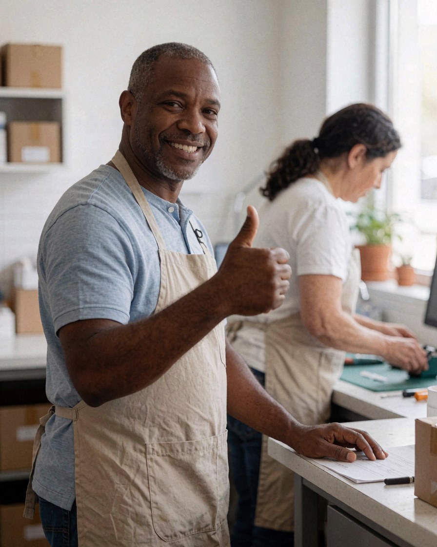 A man wearing an apron smiles and gives a thumbs up gesture while working at a computer in a modern office with windows.