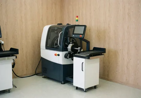 Digital tire balancing machine in a workshop with light wood walls and a clean floor ready for work