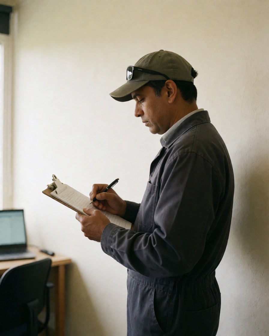 Golf instructor reviewing notes on a clipboard in a quiet setting with light walls and a laptop in the background