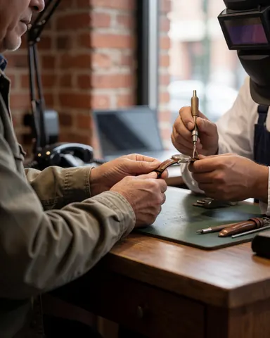 Close-up of hands working on a watch repair with a leather strap on a workbench