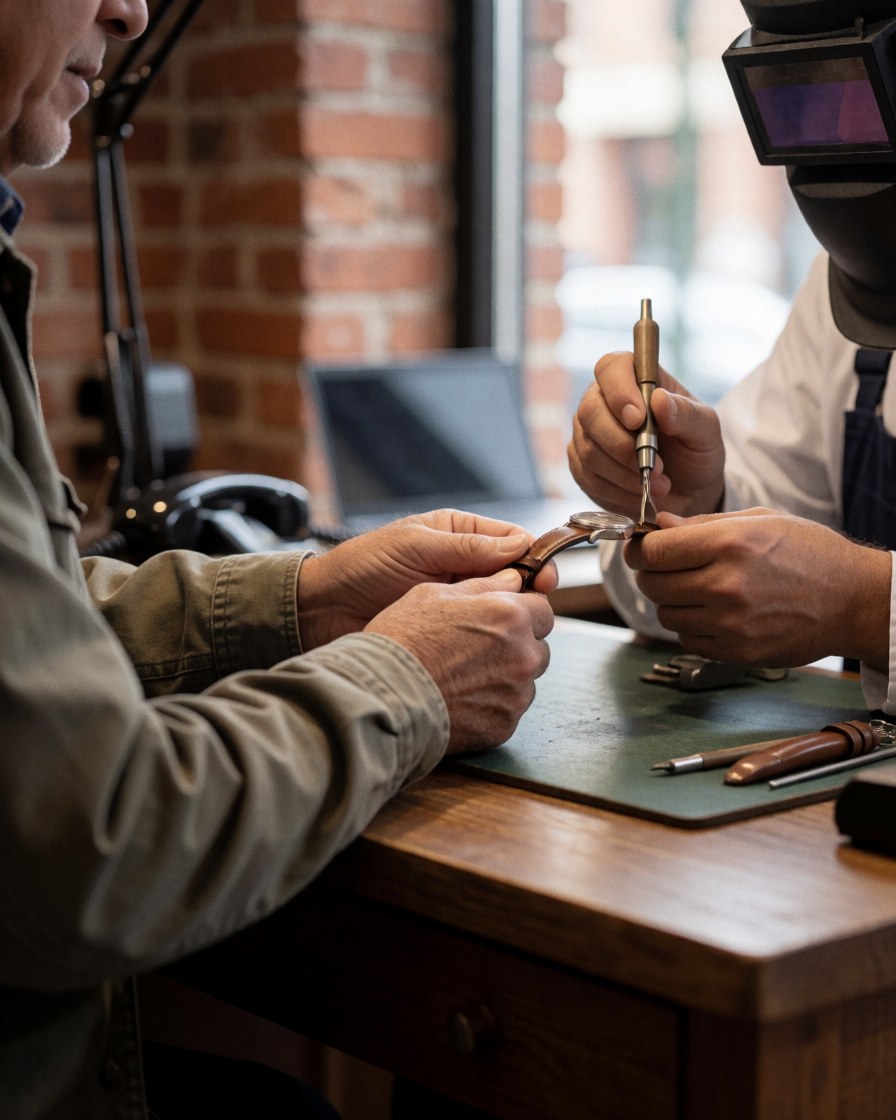Close-up of hands working on a watch repair with a leather strap on a workbench