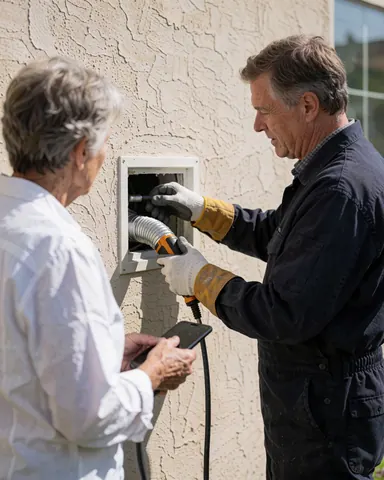 Technician wearing gloves cleans dryer vent duct with a tool while a customer watches nearby against a stucco wall in natural light.