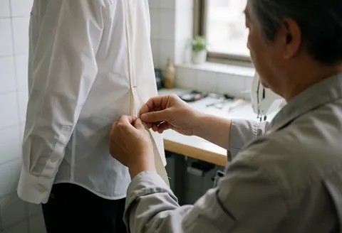 Close-up of a hand pinning white shirt fabric during professional repair work in a well-lit workshop setting