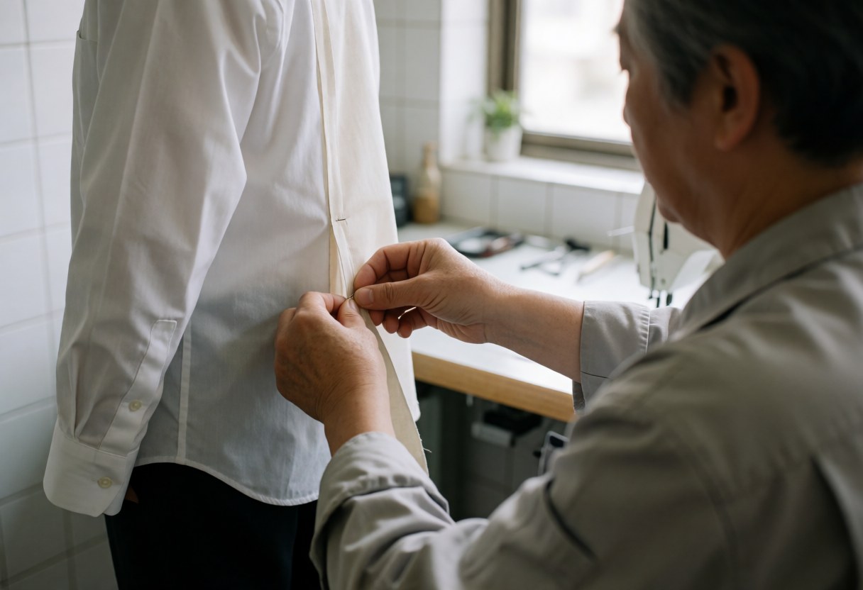Close-up of a hand pinning white shirt fabric during professional repair work in a well-lit workshop setting