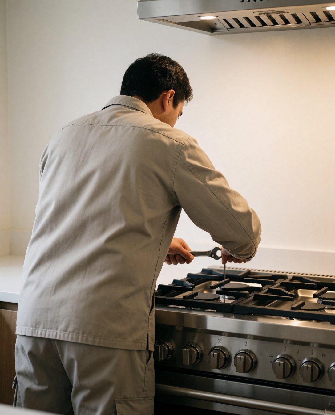Technician using a wrench to adjust a gas stove in a modern kitchen with white walls and a range hood.