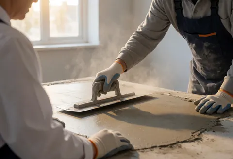 Worker leveling concrete floor with trowel, wearing gloves, natural light from window, visible dust, face not recognizable