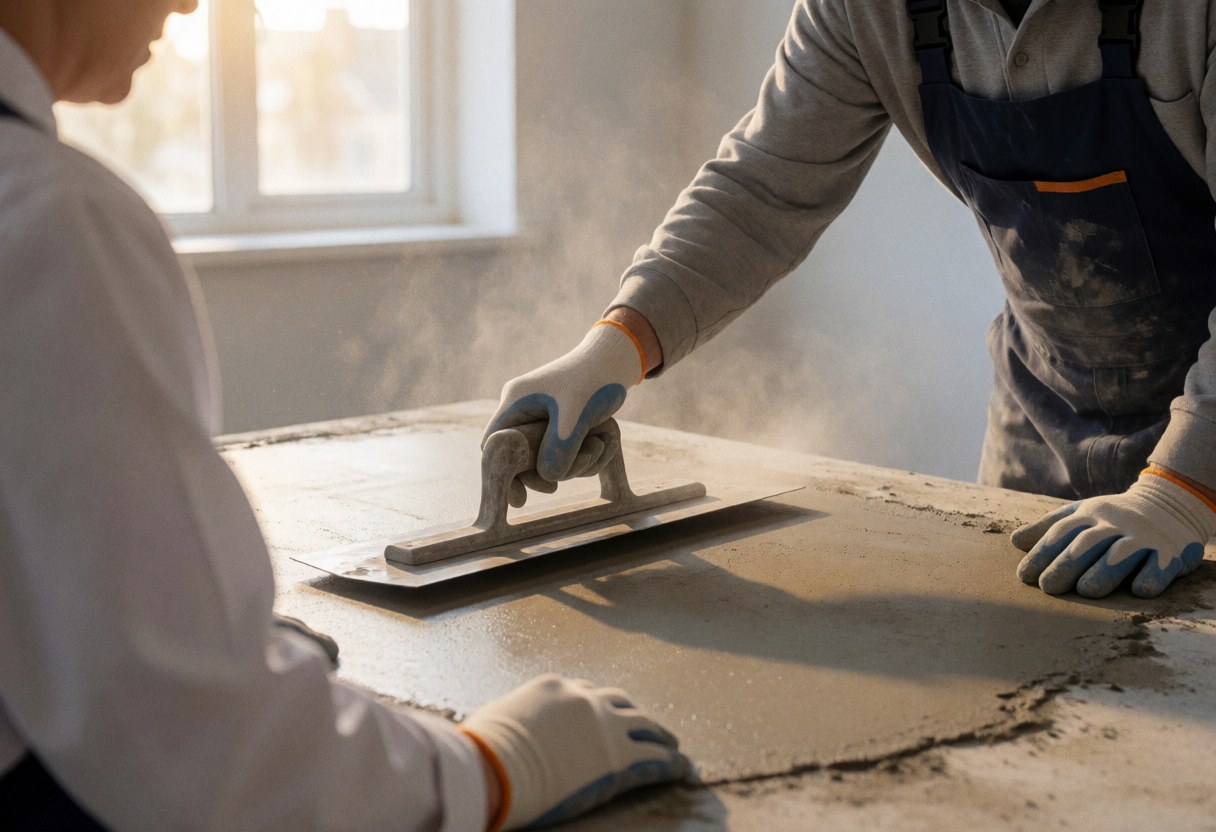 Worker leveling concrete floor with trowel, wearing gloves, natural light from window, visible dust, face not recognizable