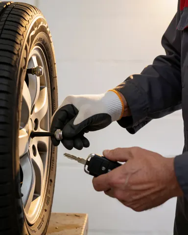 Mechanic wearing gloves places a valve cap on a tire during a repair service