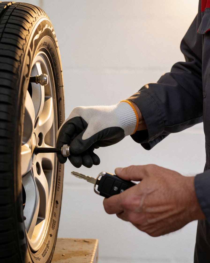 Mechanic wearing gloves places a valve cap on a tire during a repair service