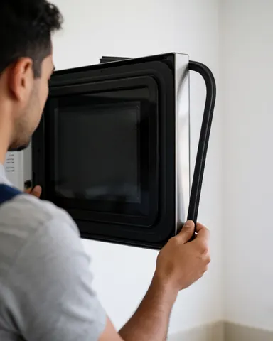 Close-up of a technician installing a rubber seal on a microwave oven door against a white background with natural lighting.