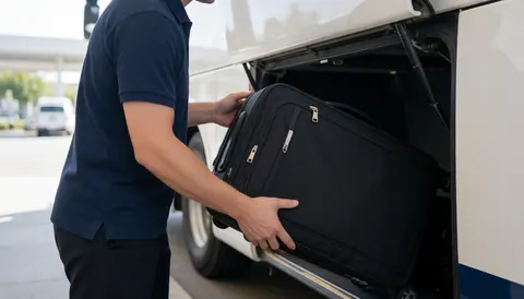 Uniformed staff member loading black luggage into the storage compartment of a white bus at a terminal during the day.