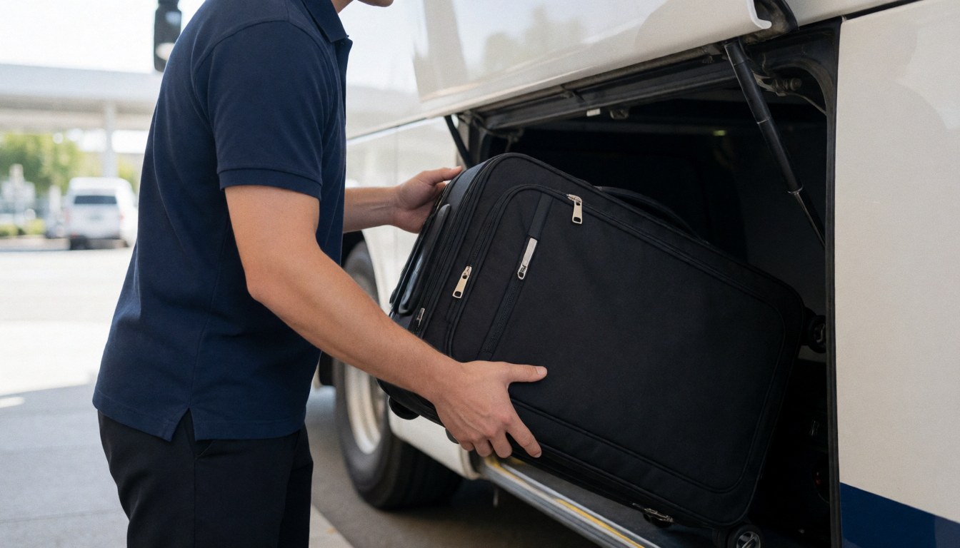 Uniformed staff member loading black luggage into the storage compartment of a white bus at a terminal during the day.