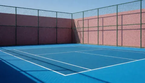 Blue acrylic tennis court surface with crisp white boundary lines, green chain-link fence, and pink walls under bright sunlight.