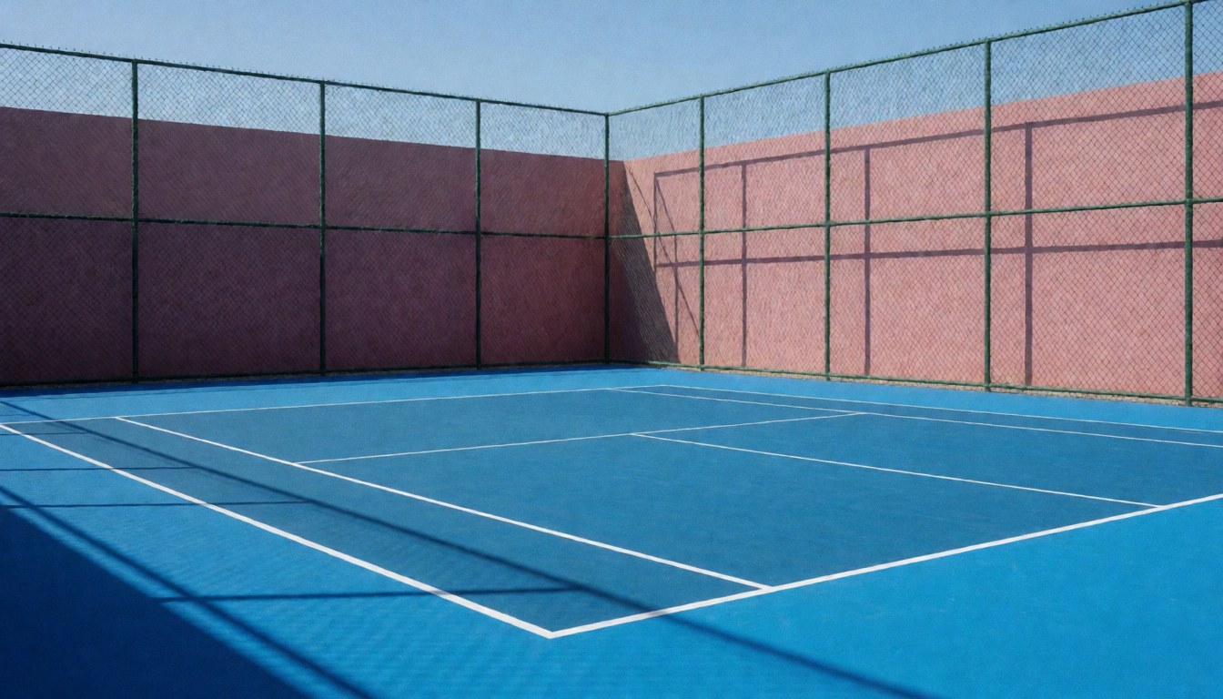 Blue acrylic tennis court surface with crisp white boundary lines, green chain-link fence, and pink walls under bright sunlight.