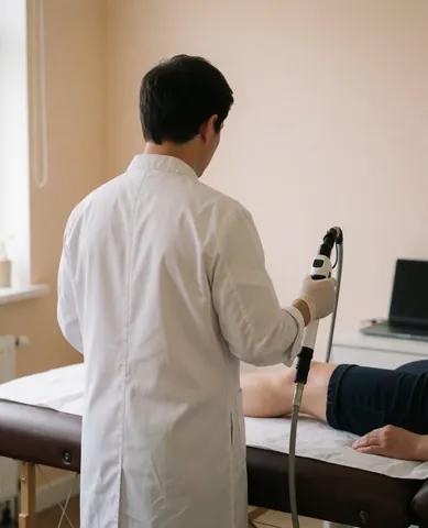 A professional in a white coat uses a laser device on a client's leg during a hair removal session in a clinical setting.