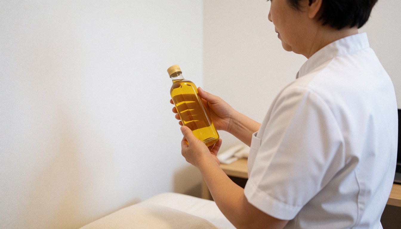 Back view of a professional holding an oil bottle in a white-walled ayurvedic clinic with copy space