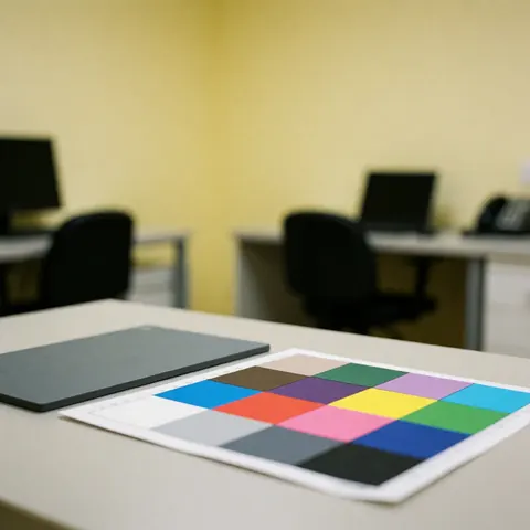 Color chart and gray card on a desk in a photographer's office with yellow walls and computers in the background