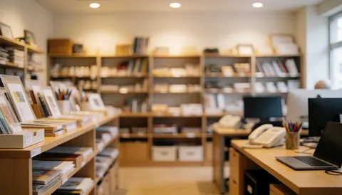 Interior of a stationery shop featuring wooden shelves stocked with office and art supplies, illuminated by warm light with space for text.