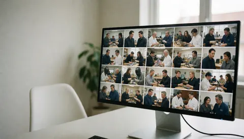 Modern office desk with a large monitor displaying multiple work windows, a white chair, and a plant, suitable for a documentary photographer website hero.
